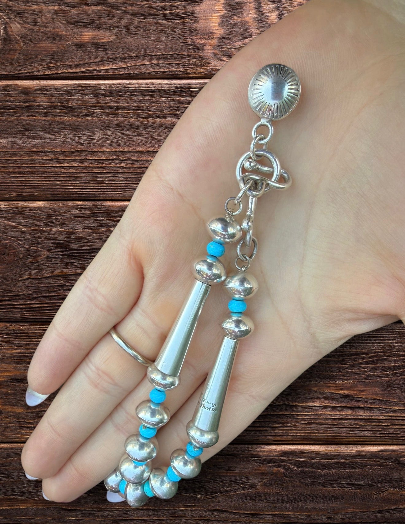 26 1/2" Sterling Silver Pearl Necklace With Turquoise Beads In Between Each Bead With Jimothy Clasp