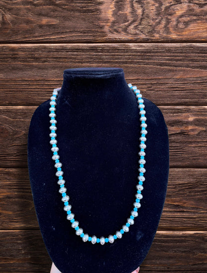 26 1/2" Sterling Silver Pearl Necklace With Turquoise Beads In Between Each Bead With Jimothy Clasp
