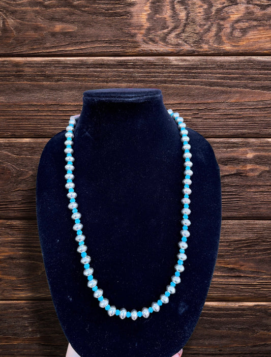26 1/2" Sterling Silver Pearl Necklace With Turquoise Beads In Between Each Bead With Jimothy Clasp