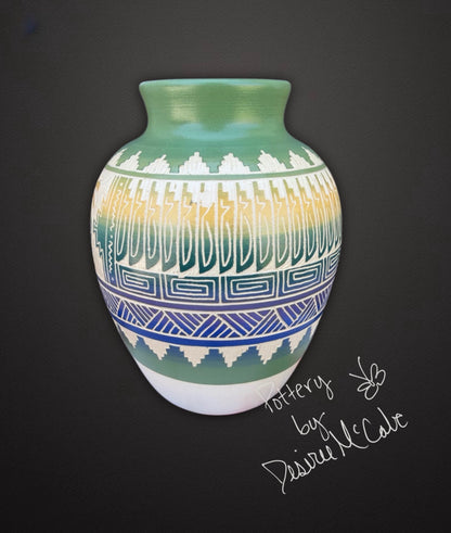 Medium Green Ginger Jar Featuring Kokopelli 6" Tall  4 1/2" Diameter