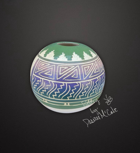 Small Green Ball Pot Featuring Lizard