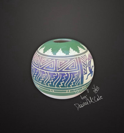 Small Green Ball Pot Featuring Lizard