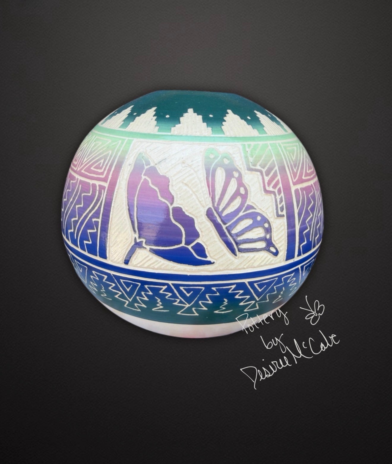 Medium Turquoise Ball Pot Featuring Butterfly 4 1/2" Tall  5" Diameter