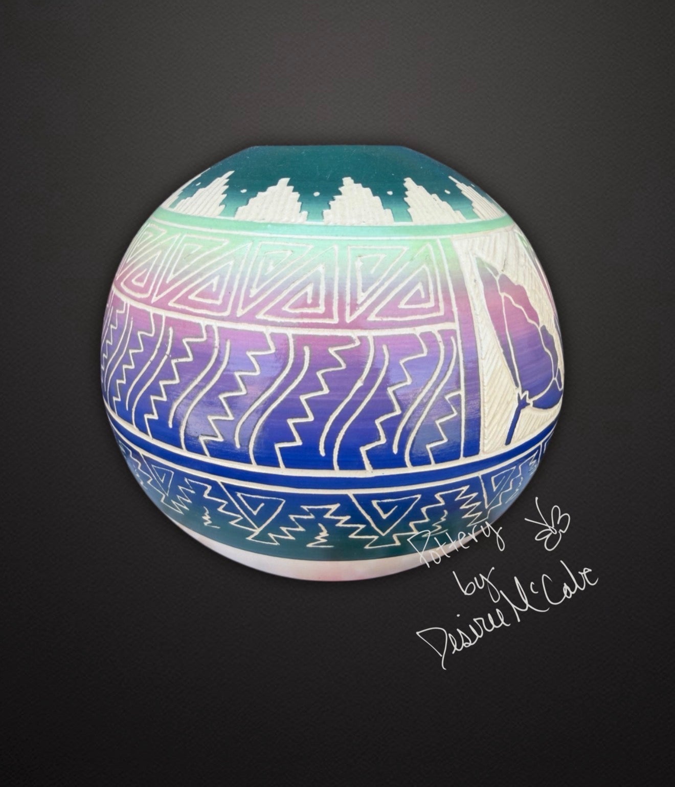 Medium Turquoise Ball Pot Featuring Butterfly 4 1/2" Tall  5" Diameter