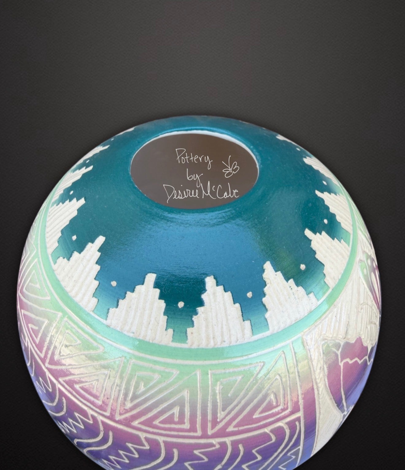 Medium Turquoise Ball Pot Featuring Butterfly 4 1/2" Tall  5" Diameter
