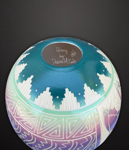 Medium Turquoise Ball Pot Featuring Butterfly 4 1/2" Tall  5" Diameter