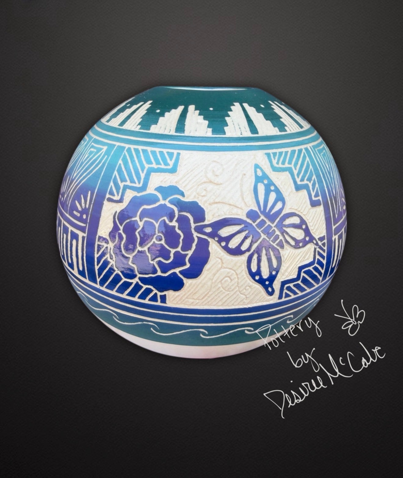 Medium Turquoise Ball Pot Featuring Butterfly 4 1/2" Tall  5" Diameter