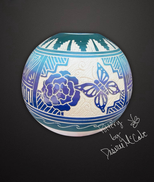 Medium Turquoise Ball Pot Featuring Butterfly