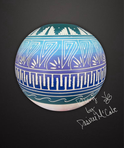 Medium Turquoise Ball Pot Featuring Butterfly 4 1/2" Tall  5" Diameter