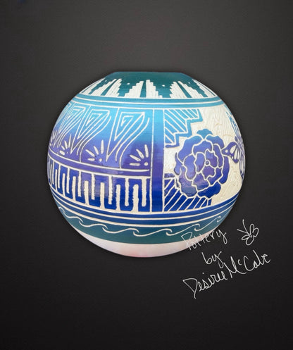 Medium Turquoise Ball Pot Featuring Butterfly 4 1/2" Tall  5" Diameter