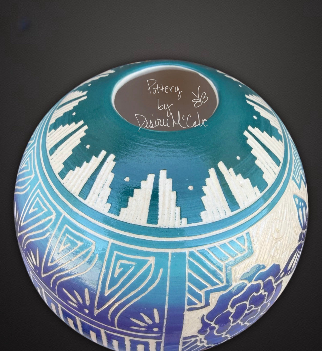 Medium Turquoise Ball Pot Featuring Butterfly 4 1/2" Tall  5" Diameter