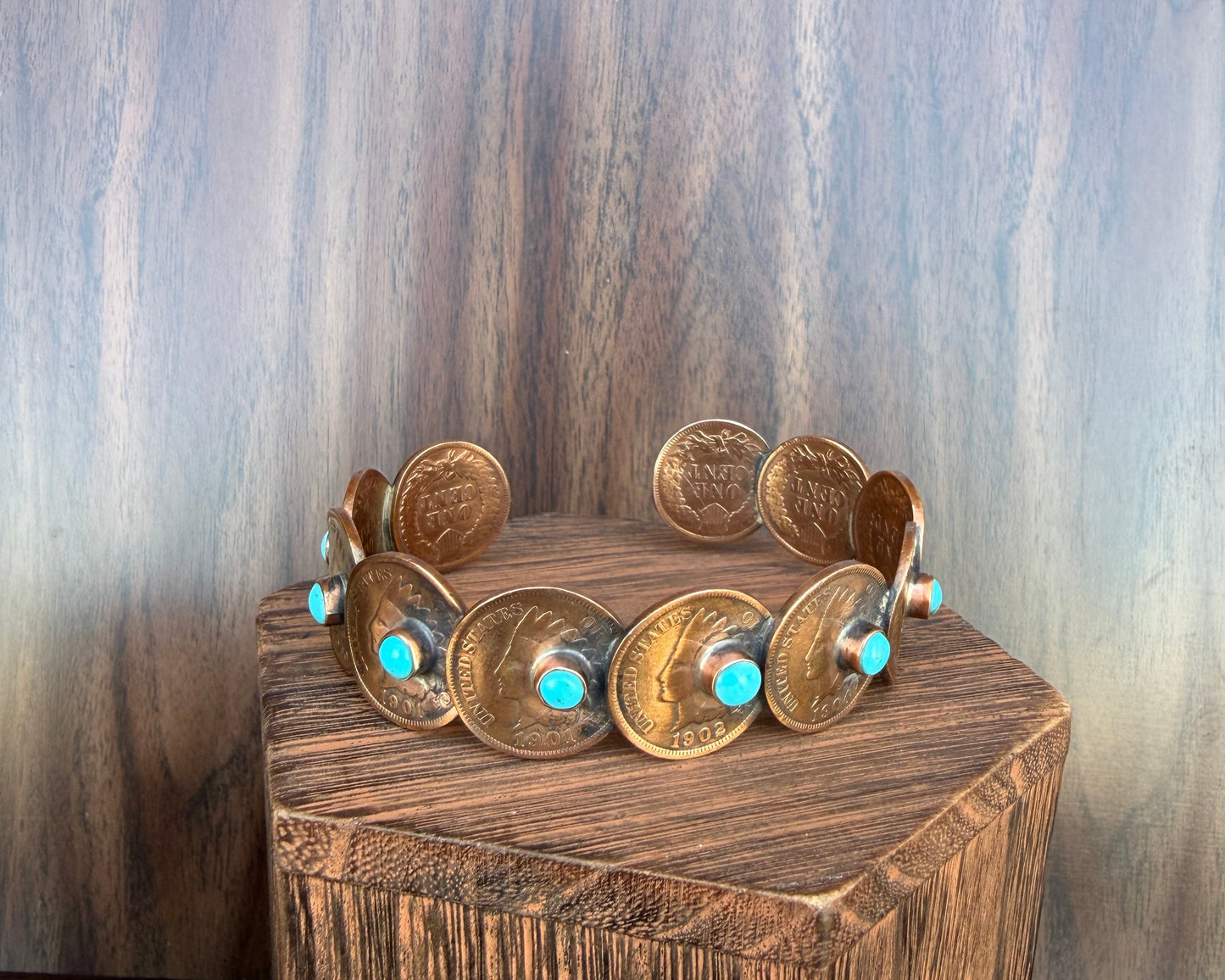 Indian Head Penny Cuff With Turquoise Beads