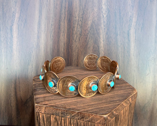 Indian Head Penny Cuff With Turquoise Beads