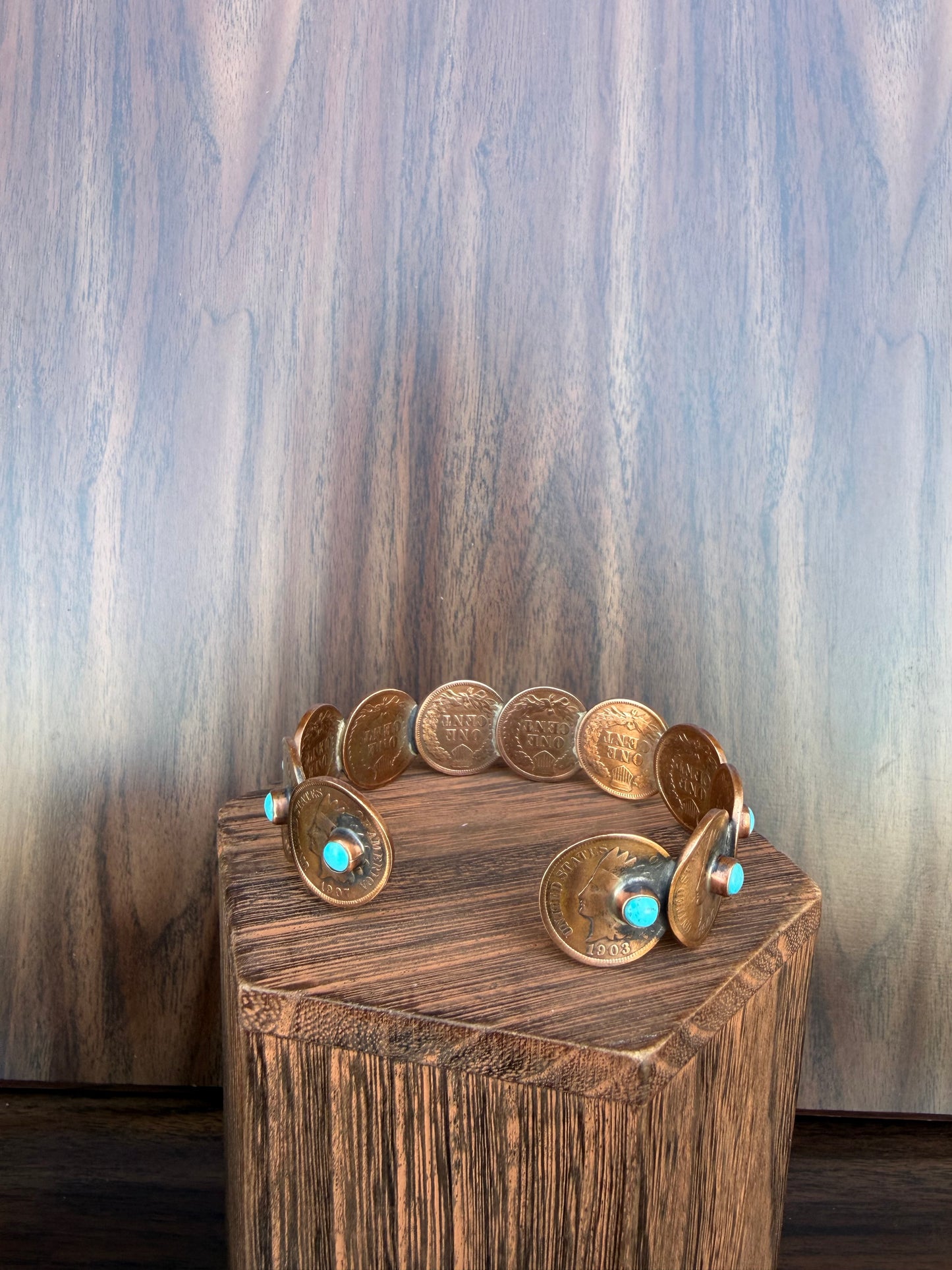 Indian Head Penny Cuff With Turquoise Beads