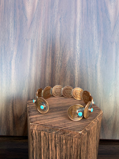 Indian Head Penny Cuff With Turquoise Beads